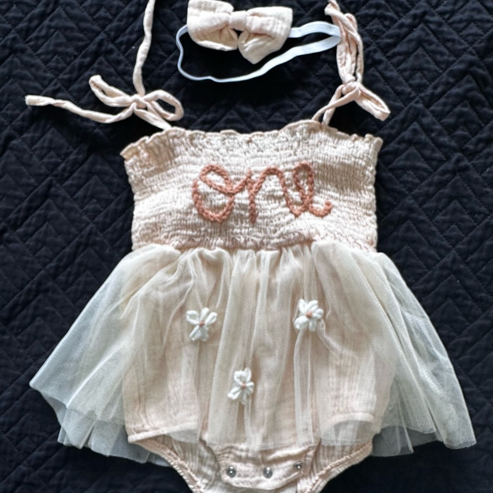 Cream and Pink Baby Romper with Bow